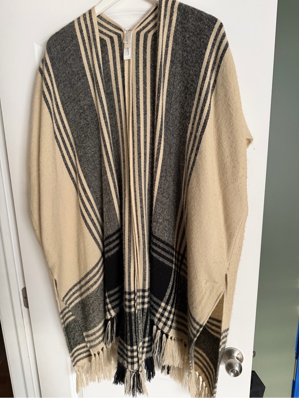 LOFT Cream, Black and Gray Striped Poncho